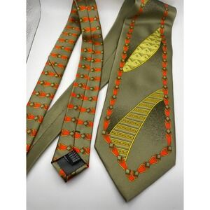 Enrico Venturi Silk Tie Mens Olive Green Orange Geometric Chain Made in Italy